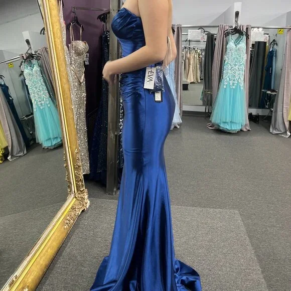 Faviana Navy Long Strapless Stretch Satin Dress Sweetheart Neck S10856 Glam Sz 4 - Picture 9 of 9